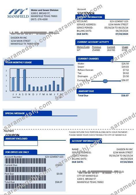 USA Mansfield Texas business utility bill template in Word and PDF formats